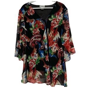 JMB Signature Women's Black Floral Red Green‎ Blue Sequined Lined Blouse Size 2X